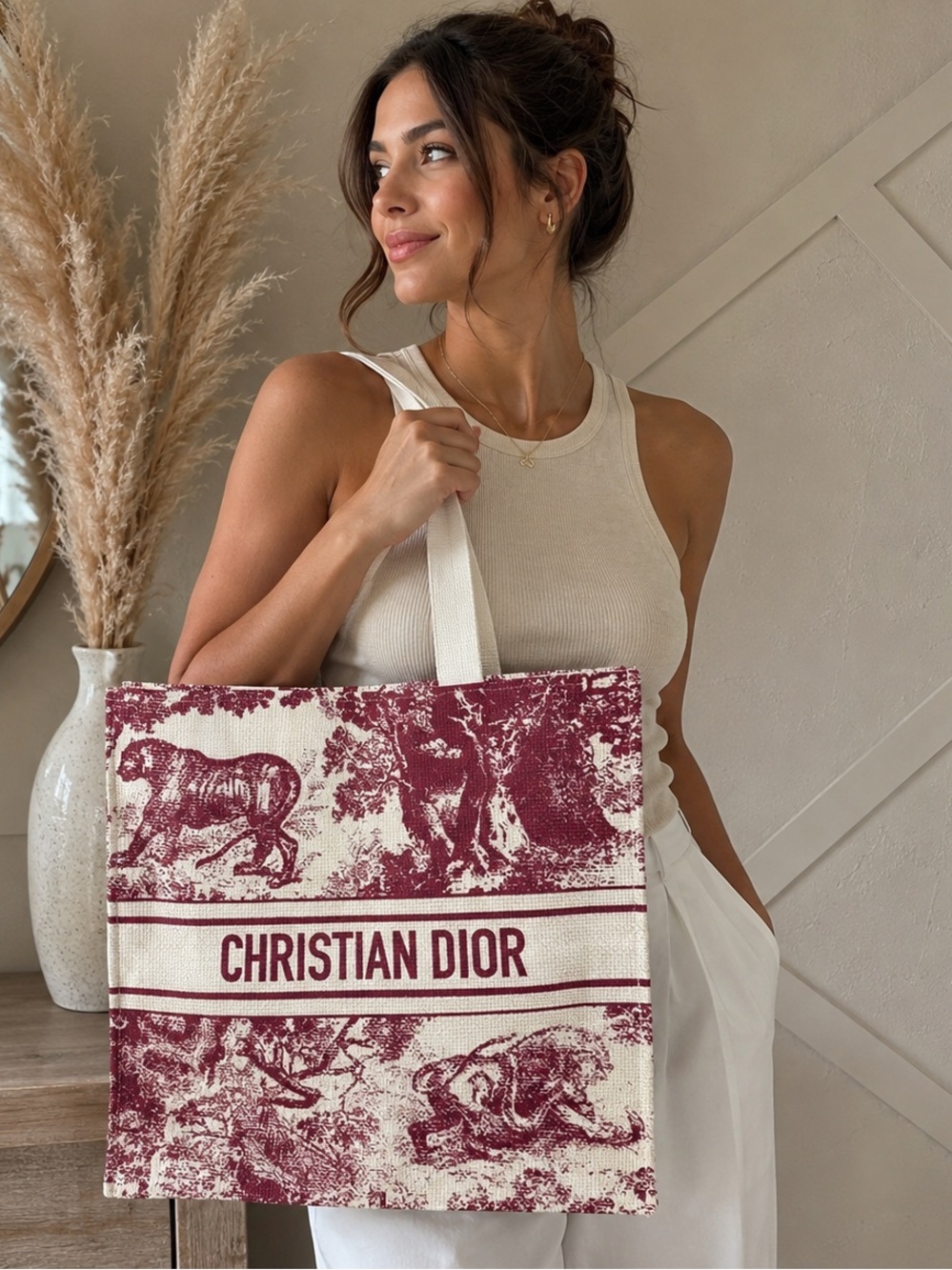 Christian Dior Cream and Burgundy Toile Christian Dior Tote GWP NWOT